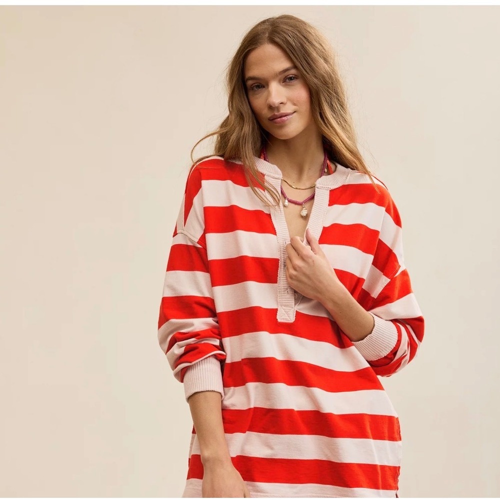 Aerie Poolside Terry Henley Striped Pullover Sweatshirt Orange Cream Oversize XS